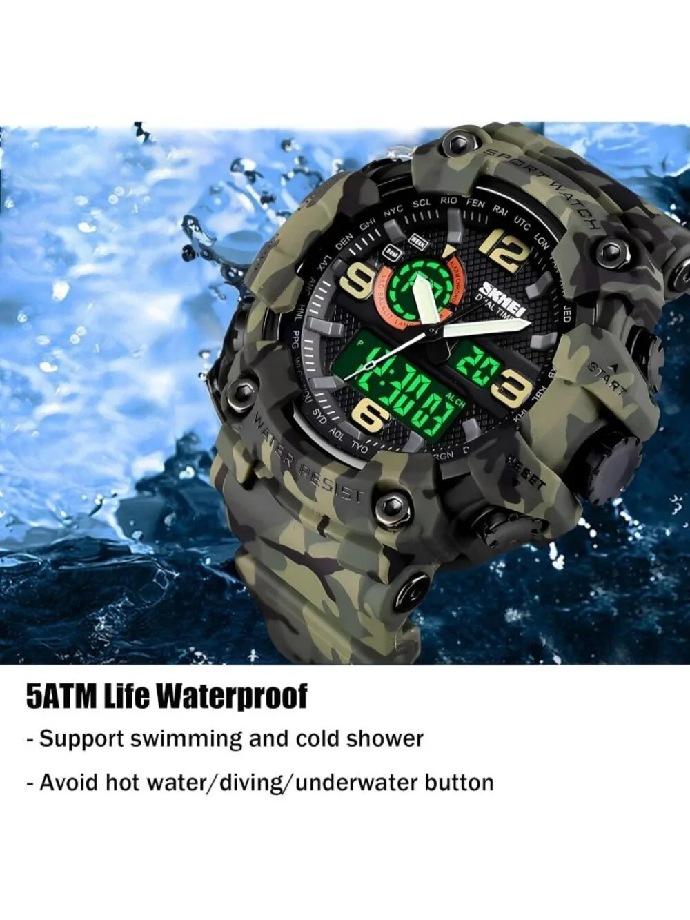 Men's Camouflage&Green Analog Quartz S-Shock Waterproof Sports LED Digital Watch